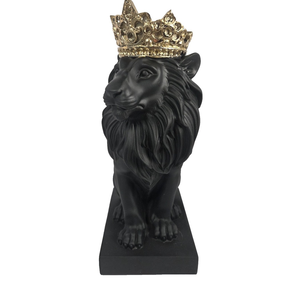 Black Lion King Statue Gold Crown 12 Inch Gothic Regal Home Decor Figurine